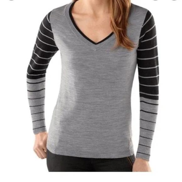 SMARTWOOL Sweater Womens M Gray Stripe V-Neck 100% Merino Wool - Picture 7 of 12
